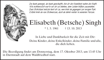 Traueranzeige von Elisabeth Singh von Echo-Zeitungen (Gesamtausgabe)
