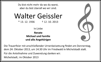 Traueranzeige von Walter Geissler von Odenwälder Echo