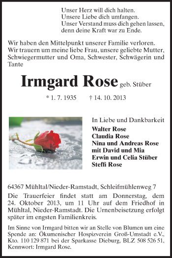 Traueranzeige von Irmgard Rose von Echo-Zeitungen (Gesamtausgabe)