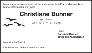 Traueranzeige von Christiane Bunner von Rüsselsheimer Echo, Groß-Gerauer-Echo, Ried Echo