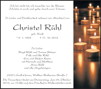 Traueranzeige von Christel Rühl von Rüsselsheimer Echo, Groß-Gerauer-Echo, Ried Echo