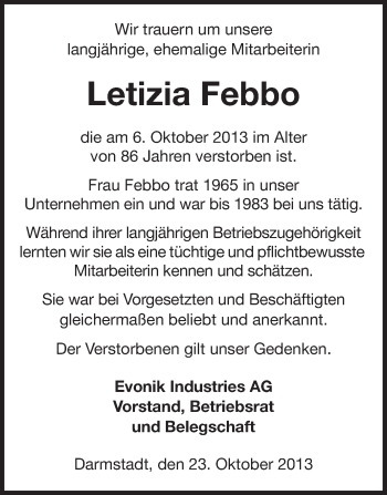 Traueranzeige von Letizia Febbo von Echo-Zeitungen (Gesamtausgabe)