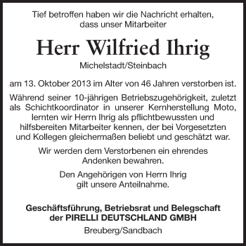 Traueranzeige von Wilfried Ihrig von Odenwälder Echo