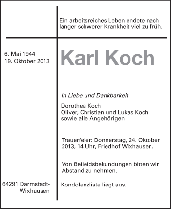 Traueranzeige von Karl Koch von Echo-Zeitungen (Gesamtausgabe)