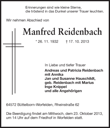 Traueranzeige von Manfred Reidenbach von Rüsselsheimer Echo, Groß-Gerauer-Echo, Ried Echo