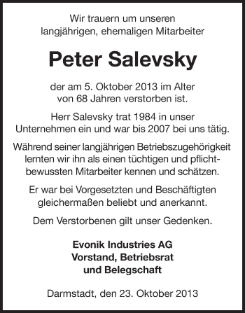 Traueranzeige von Peter Salevsky von Echo-Zeitungen (Gesamtausgabe)