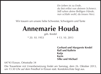 Traueranzeige von Annemarie Houda von Odenwälder Echo