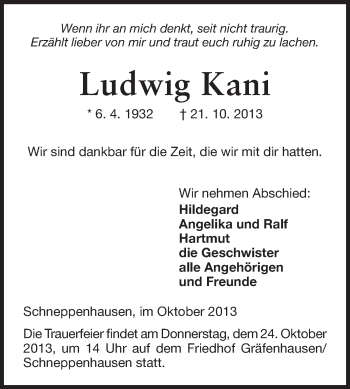 Traueranzeige von Ludwig Kani von Echo-Zeitungen (Gesamtausgabe)