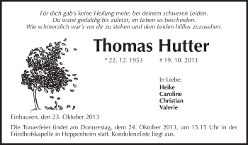 Traueranzeige von Thomas Hutter von Starkenburger Echo, Bergsträßer Anzeiger