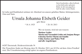 Traueranzeige von Ursula Johanna Elsbeth Geider von Echo-Zeitungen (Gesamtausgabe)