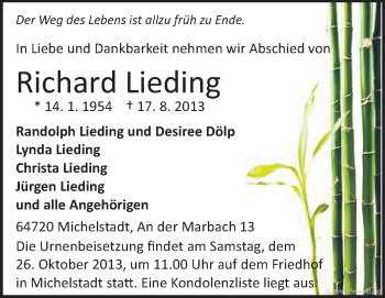 Traueranzeige von Richard Lieding von Odenwälder Echo