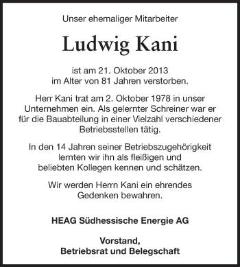 Traueranzeige von Ludwig Kani von Echo-Zeitungen (Gesamtausgabe)