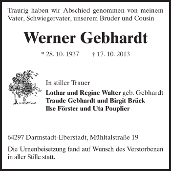 Traueranzeige von Werner Gebhardt von Echo-Zeitungen (Gesamtausgabe)