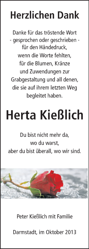 Traueranzeige von Herta Kießlich von Echo-Zeitungen (Gesamtausgabe)