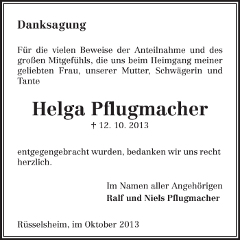 Traueranzeige von Helga Pflugmacher von Rüsselsheimer Echo, Groß-Gerauer-Echo, Ried Echo