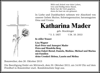 Traueranzeige von Katharina Mader von Starkenburger Echo