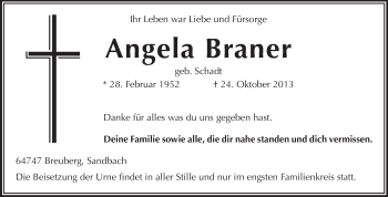 Traueranzeige von Angela Braner von Odenwälder Echo