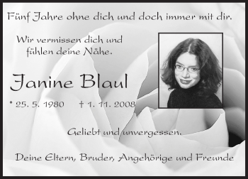 Traueranzeige von Janine Blaul von Echo-Zeitungen (Gesamtausgabe)