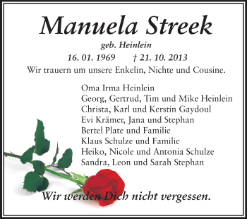 Traueranzeige von Manuela Streek von Echo-Zeitungen (Gesamtausgabe)