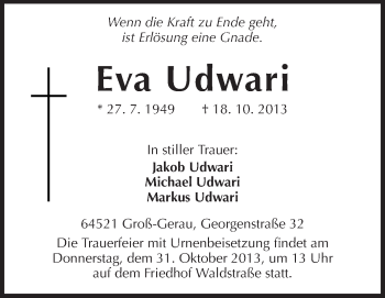 Traueranzeige von Eva Udwari von Rüsselsheimer Echo, Groß-Gerauer-Echo, Ried Echo