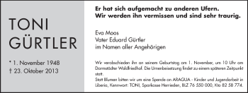 Traueranzeige von Toni Gürtler von Echo-Zeitungen (Gesamtausgabe)