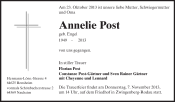 Traueranzeige von Annelie Post von Rüsselsheimer Echo, Groß-Gerauer-Echo, Ried Echo
