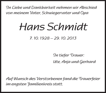 Traueranzeige von Hans Schmidt von Echo-Zeitungen (Gesamtausgabe)