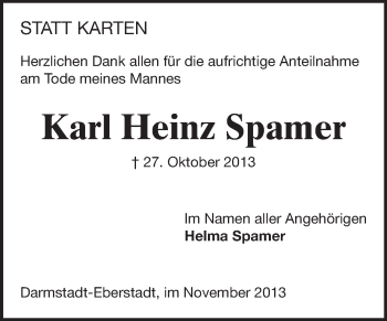 Traueranzeige von Karl Heinz Spamer von Echo-Zeitungen (Gesamtausgabe)