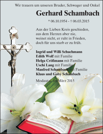 Traueranzeige von Gerhard Schambach von Echo-Zeitungen (Gesamtausgabe)