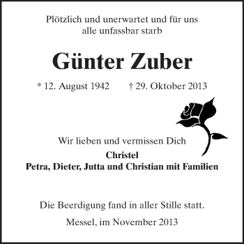 Traueranzeige von Günter Zuber von Echo-Zeitungen (Gesamtausgabe)