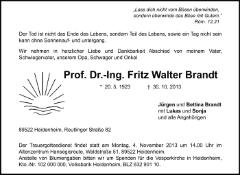 Traueranzeige von Fritz Walter Brandt von Echo-Zeitungen (Gesamtausgabe)