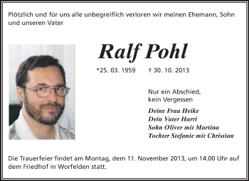 Traueranzeige von Ralf Pohl von Rüsselsheimer Echo, Groß-Gerauer-Echo, Ried Echo
