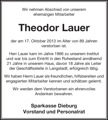 Traueranzeige von Theodor Lauer von Echo-Zeitungen (Gesamtausgabe)