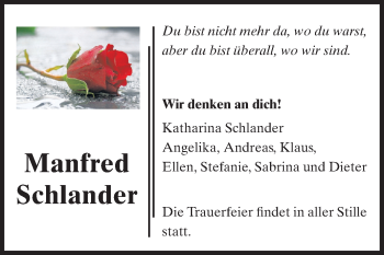 Traueranzeige von Manfred Schlander von Echo-Zeitungen (Gesamtausgabe)