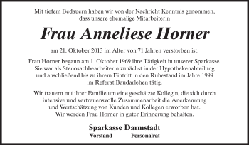 Traueranzeige von Anneliese Horner von Echo-Zeitungen (Gesamtausgabe)