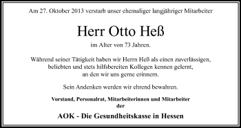 Traueranzeige von Otto Heß von Echo-Zeitungen (Gesamtausgabe)