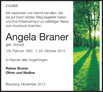 Traueranzeige von Angela Braner von Odenwälder Echo