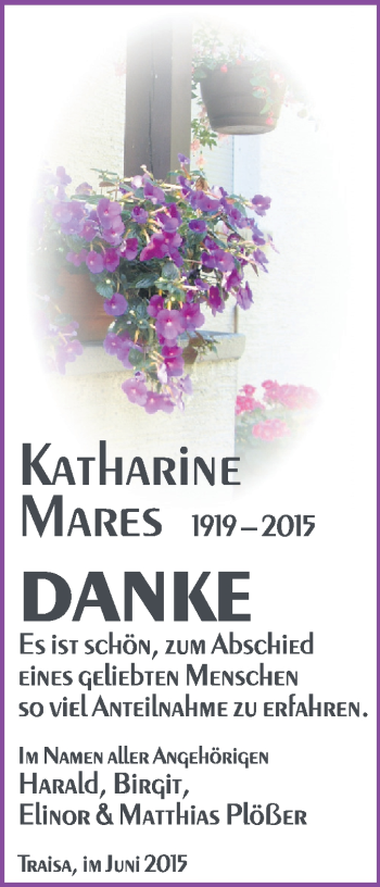 Traueranzeige von Katharine Mares von Echo-Zeitungen (Gesamtausgabe)