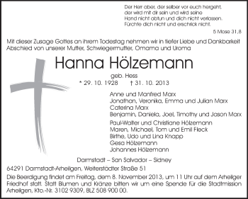 Traueranzeige von Hanna Hölzemann von Echo-Zeitungen (Gesamtausgabe)