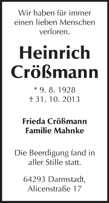Traueranzeige von Heinrich Crößmann von Echo-Zeitungen (Gesamtausgabe)