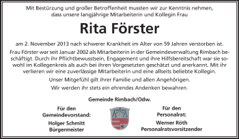 Traueranzeige von Rita Förster von Starkenburger Echo