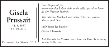 Traueranzeige von Gisela Prussait von Darmstädter Echo, Odenwälder Echo, Rüsselsheimer Echo, Groß-Gerauer-Echo, Ried Echo