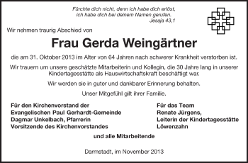 Traueranzeige von Gerda Weingärtner von Echo-Zeitungen (Gesamtausgabe)
