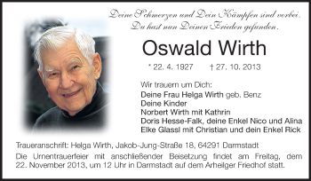 Traueranzeige von Oswald Wirth von Echo-Zeitungen (Gesamtausgabe)