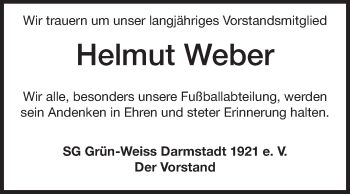 Traueranzeige von Helmut Weber von Darmstädter Echo, Odenwälder Echo, Rüsselsheimer Echo, Groß-Gerauer-Echo, Ried Echo