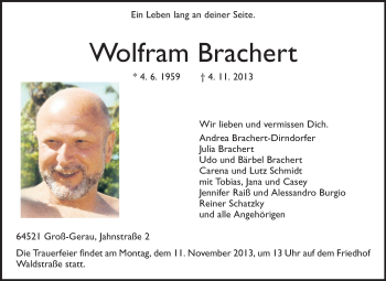 Traueranzeige von Wolfram Brachert von Rüsselsheimer Echo, Groß-Gerauer-Echo, Ried Echo