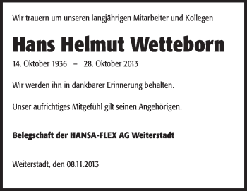 Traueranzeige von Helmut Wetteborn von Echo-Zeitungen (Gesamtausgabe)
