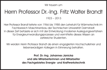 Traueranzeige von Fritz Walter Brandt von Echo-Zeitungen (Gesamtausgabe)