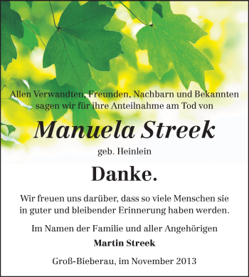 Traueranzeige von Manuela Streek von Echo-Zeitungen (Gesamtausgabe)