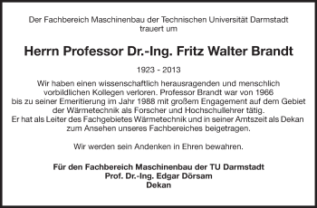 Traueranzeige von Fritz Walter Brandt von Echo-Zeitungen (Gesamtausgabe)